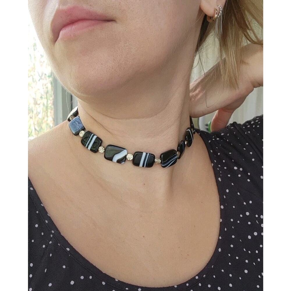 Y2K Choker Necklace 15" Black White Agate Onyx Silver Goth Romantic Grunge Punk